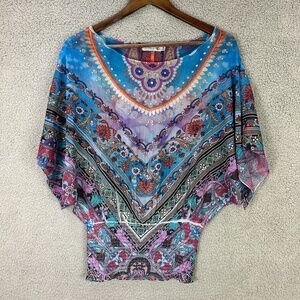 Unity World‎ Wear Top Women M Multicolor Batwing Boho Festival Y2K Artsy Hippie